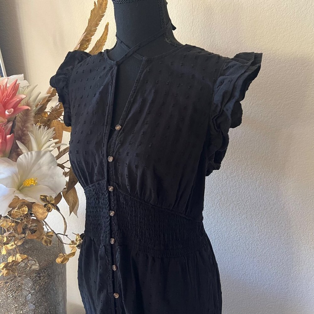 SOLDBlack Milkmaid Ruffle Dress Full Length Buttons Embroidered Polka Dots - Picture 3 of 10